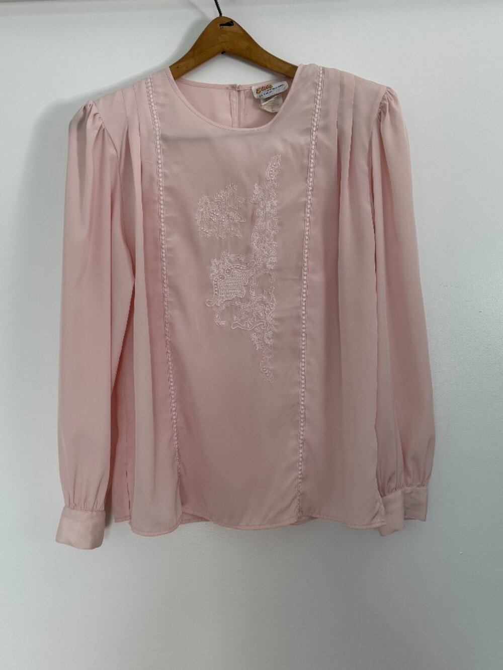 Vintage ELITE Light Pink Long Sleeve Embroidered Blouse - Size L